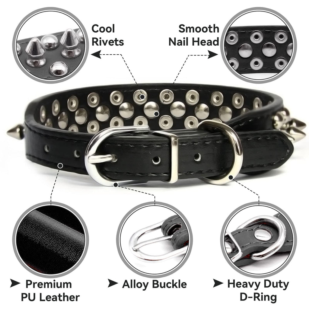 Small Spiked Black Dog Cat Collar For Small Medium Dogs Boy Male - Adjustable Studded Puppy Collars - Soft Padded Punk Leather Dog Collar For Chihuahua French Bulldog Pug