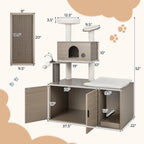 2-in-1 Modern Cat Tower with Litter Box Enclosure for Indoor Cars-Gray