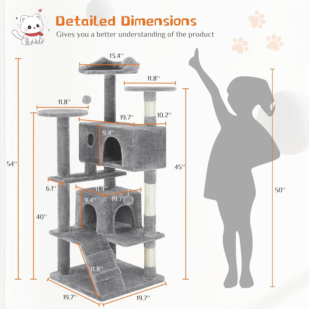 54 -Cat Tree Tower - Multi-level With Sisal Grab Post, Indoor Apartment With Ladder, Plush Toys, Rest And Play