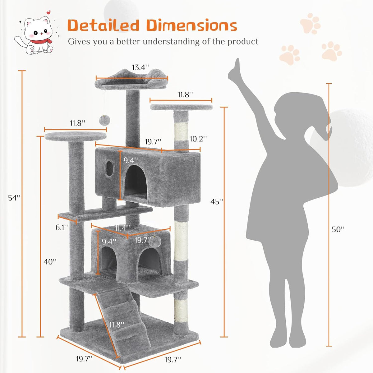 54 -Cat Tree Tower - Multi-level With Sisal Grab Post, Indoor Apartment With Ladder, Plush Toys, Rest And Play